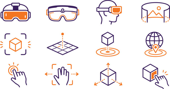 Virtual Reality Augmented Reality Modern Digital Technology Line Icons Set