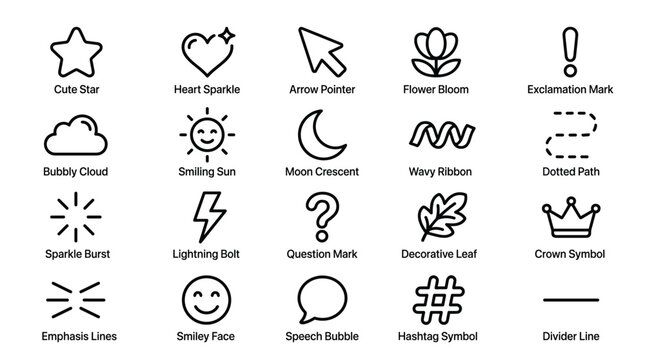Cute decorative hand drawn doodle icons collection featuring weather symbols nature elements and geometric shapes for minimalist design projects and planners.