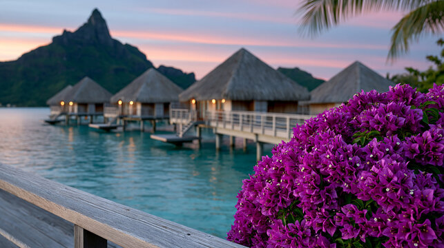 Ultra realistic 4K tropical sunset resort photography: vivid magenta bougainvillea cluster dominating lower right foreground against a pastel pink, lavender, and peach sky; calm tu