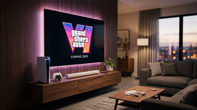 Grand Theft Auto VI (GTA 6) video game logo displayed on a large TV screen in a modern living room interior setup with Playstation 5 console, controller, soundbar and ambient LED backlight mockup.
