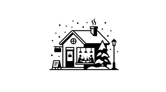 Cozy Winter Cafe Scene with Snowing Weather and Christmas Tree Silhouette
