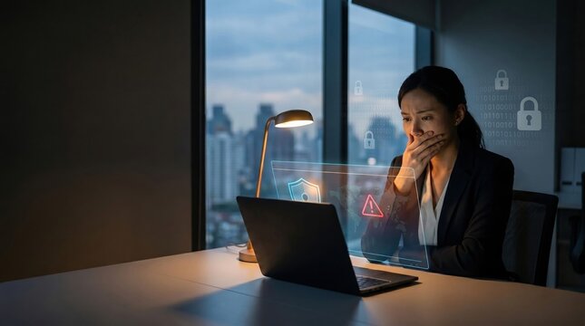 Shocked Asian businesswoman looking at laptop with glowing cybersecurity attack and data breach alert icons in night office.