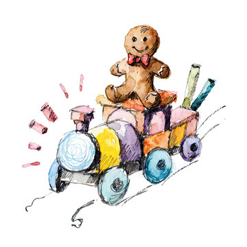 Whimsical gingerbread man riding colorful toy train for creative holiday design