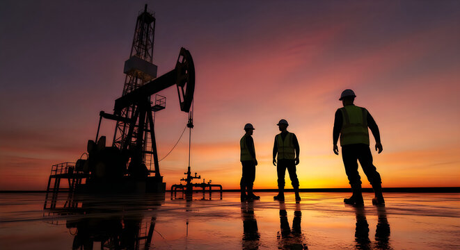 Oil field workers inspecting pumpjacks at sunset