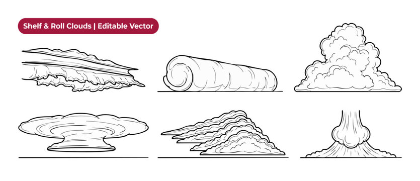 Shelf and roll cloud vector line art illustration set of storm meteorological formations including lenticular, cumulonimbus, and microburst outline symbols and weather shape icons on white background.