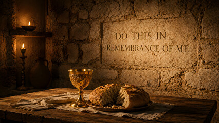 Holy communion chalice, bread, and do this in remembrance of me on stone wall