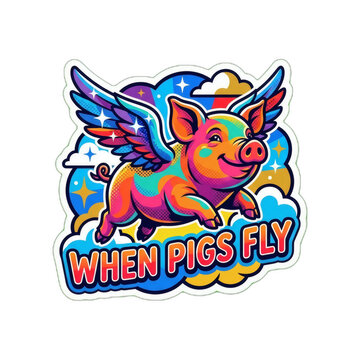 When pigs fly funny english idiom sticker design with colorful winged pig in sky cartoon illustration, AI generated