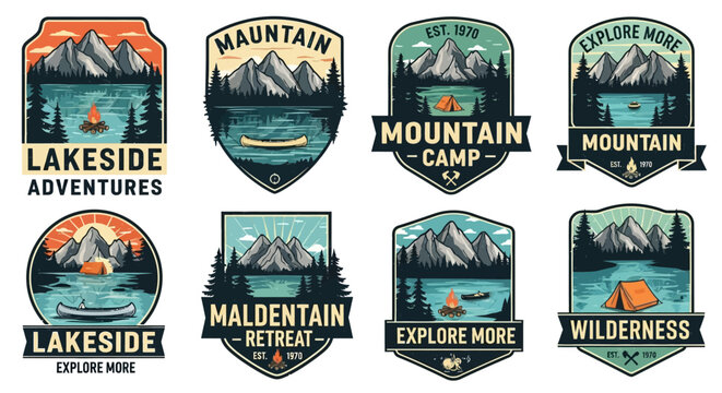 Outdoor Adventure and Camping Badge Collection Pixel Art