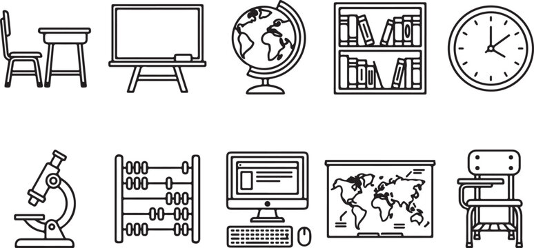 School supplies and classroom objects for education, learning, and study with desk, globe, and books.
