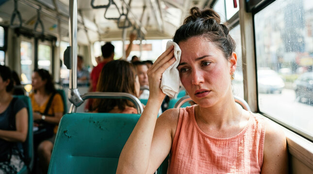Exhausted woman wiping sweat on a hot public bus. Tired female passenger commuting in sweltering public transport