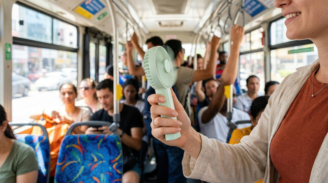 Hand holding a portable green fan inside a crowded public bus. Cooling device for a hot commute in sweltering public transport