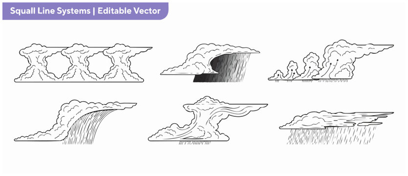 Squall line storm clouds vector diagram set illustrating meteorological weather shelf cloud roll cloud precipitation updraft wind atmospheric science icons isolated black line art on white background.