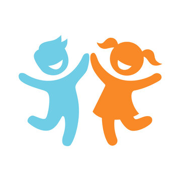 Happy jumping kids silhouette vector illustration. Cheerful boy and girl playing together icon for preschool, daycare, and children community logo.