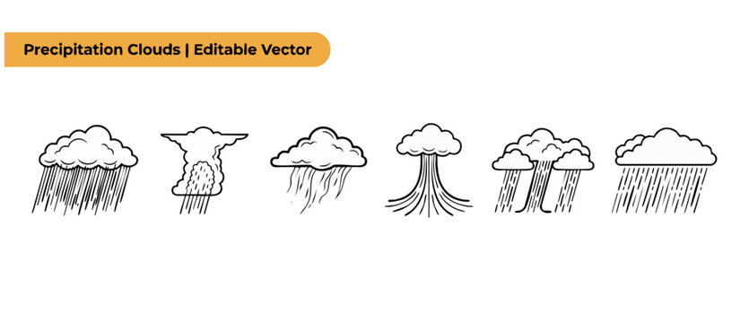 Precipitation clouds vector icon set showing rain storm weather symbols, black outline graphic design templates depicting heavy rainfall, cumulus and nimbus cloud shapes, isolated meteorology elements