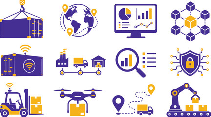 Fototapeta premium Logistics Supply Chain Smart Technology Flat Vector Icon Set