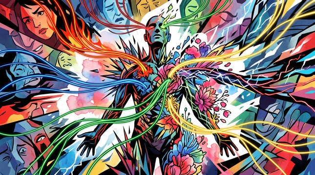 Dynamic Abstract Illustration of Hyper-Empathic Sensory Overload, depicting an emotional synesthesia state with an abstract figure and intense, overwhelming filaments of light and form.