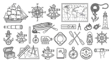 Nautical Navigation Tools and Symbols Collection: Vintage Sketch Style © noeh