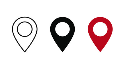 Three location pin icons in outline, black, and red styles symbolizing navigation, mapping, and geographic positioning concepts © Tarieq