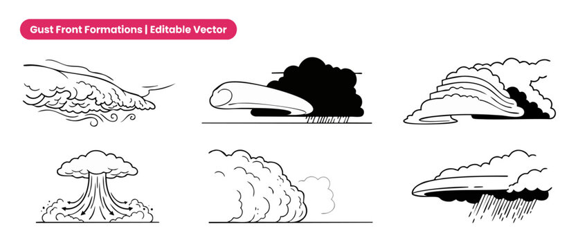 Gust Front Cloud Vector Diagram showing meteorology storm formations including shelf roll clouds, microburst downburst rain shaft icons for educational science infographic isolated on white background