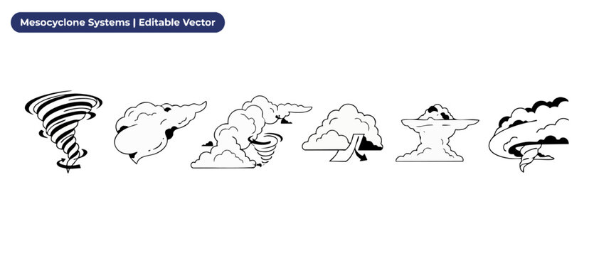 Tornado storm cloud vector icon set showing mesocyclone weather systems, supercell development, meteorological diagrams, extreme disaster climate outline illustrations isolated on a white background.
