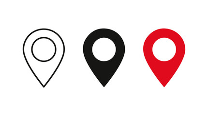 Three location pin icons in outline, black, and red styles symbolizing navigation, mapping, and geographic positioning concepts © Tarieq