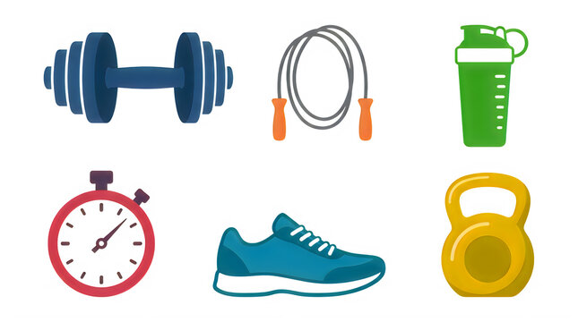 Fitness and gym vector icon set. dumbbell, jump rope, water bottle, stopwatch, shoe.