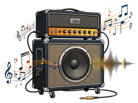 Professional guitar amplifier stack with musical notes on white background