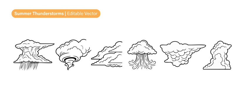 Storm cloud vector icons set featuring rain, tornado, and wind symbols isolated on white background for weather forecasting, summer thunderstorm graphic design, simple black line art outline doodles