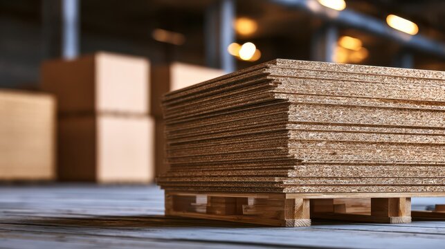Particle board sheets stacked on wooden pallet in factory warehouse