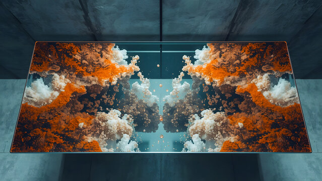 Abstract Symmetric Background with Orange Smoke and Reflections
