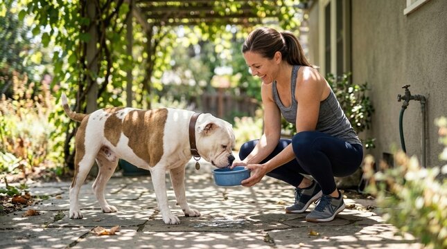 Woman feeds her dog in a garden area during the day while enjoying time together outdoors