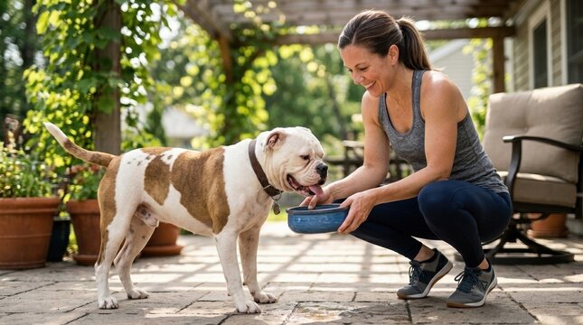 Woman feeds dog water on patio during sunny day in residential backyard