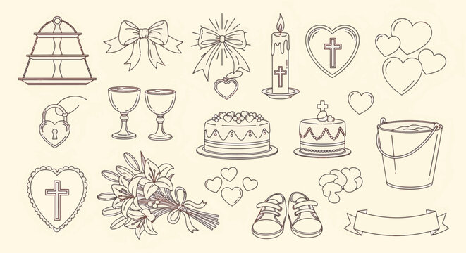 Baptism and christening ceremony vector line art icon set featuring religious symbols like crosses, candles, chalices, lilies, baby shoes, decorated cakes, and hearts on a plain background.