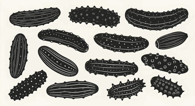 Assortment of black sea cucumber silhouettes featuring various textures, spikes, and anatomical patterns. Minimalist marine echinoderm illustrations on a neutral background.