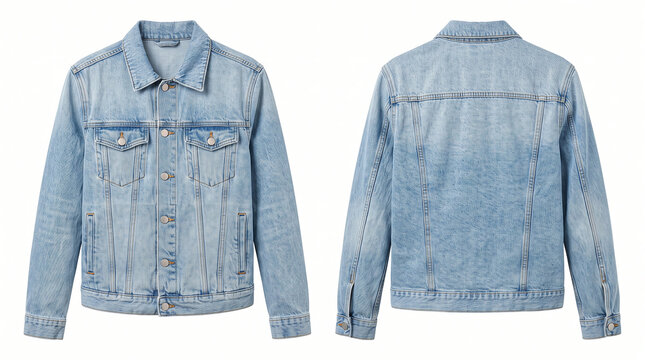 Light Blue Denim Jacket Front And Back Views Isolated On White Background, Essential Casual Apparel For Fashion Mockup