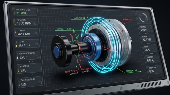 Industrial machine diagnostics on digital control panel with rotating motor and sensor HUD