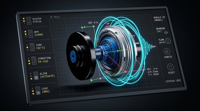 Industrial condition monitoring display showing rotating machine, vibration analysis and diagnostics