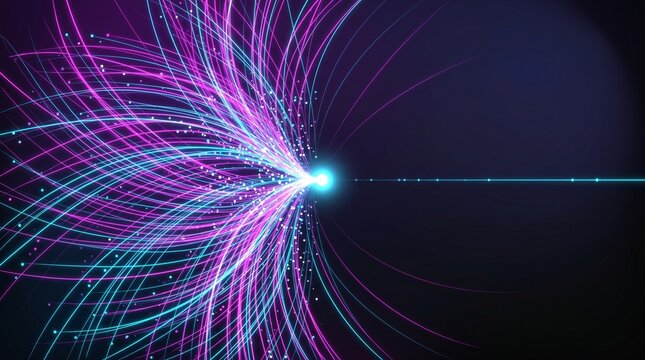 Neon digital light trails and particle network streaming from glowing point on dark background