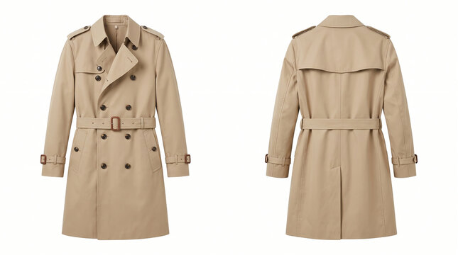 Classic Beige Double-Breasted Trench Coat for Men and Women Isolated on White, Versatile Outerwear for Autumn and Spring Weather