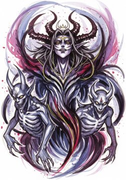 Generative AI Demon king with minions in dark fantasy style, watercolor painting