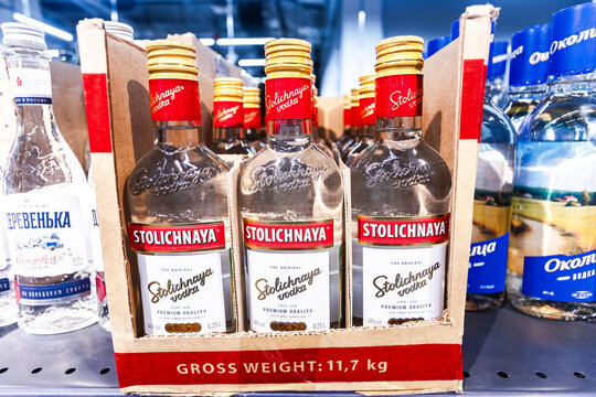 Stolichnaya russian vodka ready for sale on the shelf in superstore