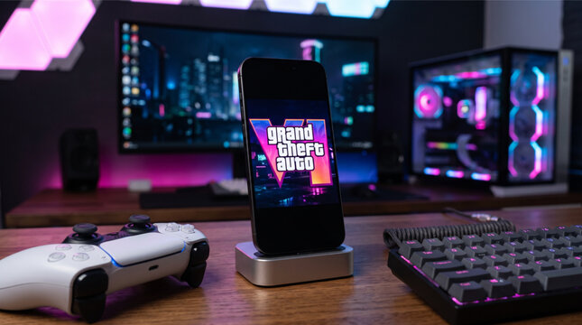 Grand Theft Auto VI (GTA 6) logo displayed on a smartphone screen in a professional gaming room setup with a PS5 controller, RGB PC build, mechanical keyboard, and monitor. Photo illustration view.