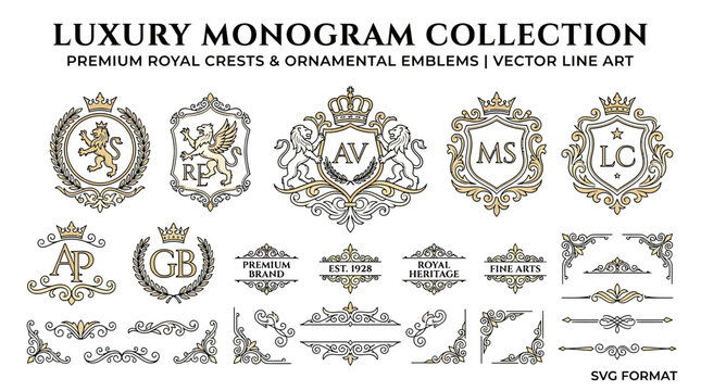 Luxury Monogram Collection: Royal Crests, Emblems, and Ornaments - Vector Art