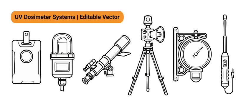 UV dosimeter system vector icon set featuring scientific measurement instruments, radiation monitoring safety equipment, industrial warning sensors, detectors, and lab tools in clean black line styles