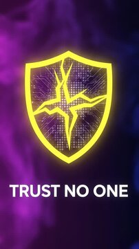 Abstract Glowing Cyber Shield Graphic with Trust No One Text Overlay for Digital Security and Scam Alert Videos