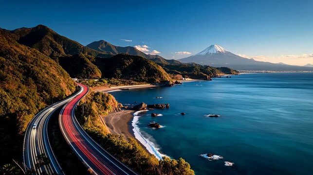 Coastal highway with Mount Fuji