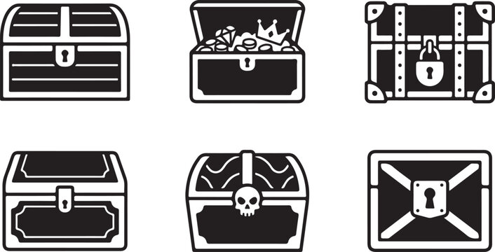 Six different pirate treasure chest icons with various contents Vector
