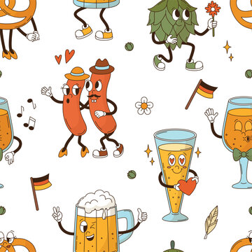 Beer glasses characters seamless pattern. Groovy cartoon glass, sausage, pretzel and hop. Traditional bavarian beer fest print, vector background