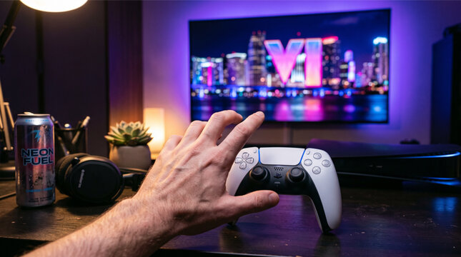 New upcoming Rockstar game Grand Theft Auto VI. POV playing GTA 6 on PlayStation 5 console with DualSense controller, energy drink, headphones and gaming setup background. GTA VI logo on TV screen.