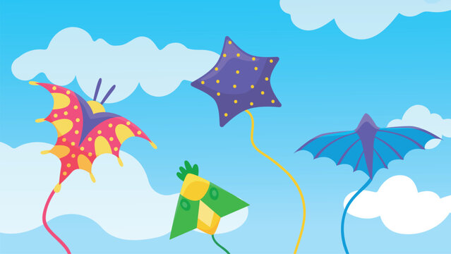 Kites flying in sky. Paper colorful kite in clouds, seasonal festival elements. Children and adults outdoor entertainment. Kids toys, vector background